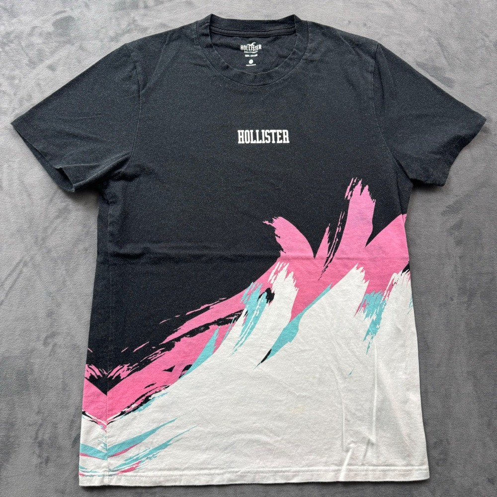 Hollister Mens Graphic Tee Black Pink White Brushstroke Logo T-Shirt Size M
